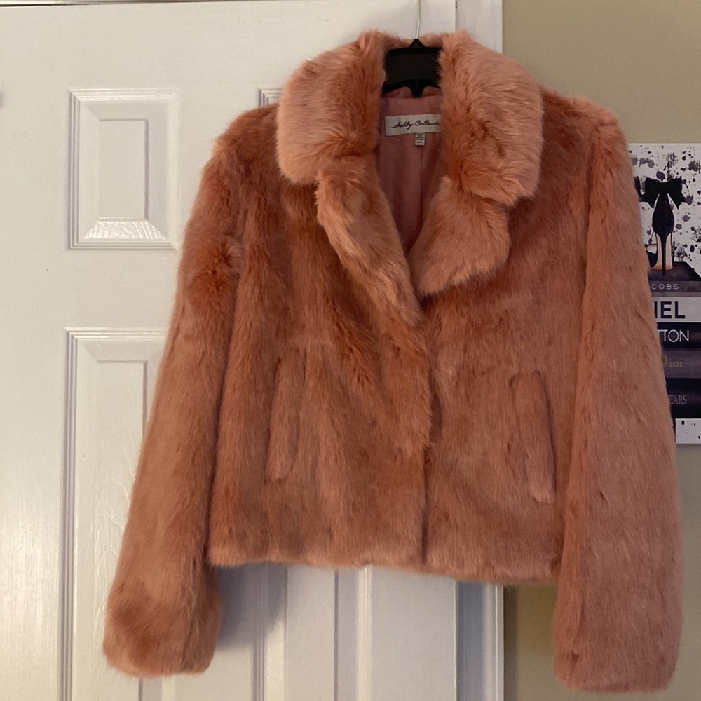Sebby Collection, LONG HAIR FAUX FUR JACKET, pink, medium